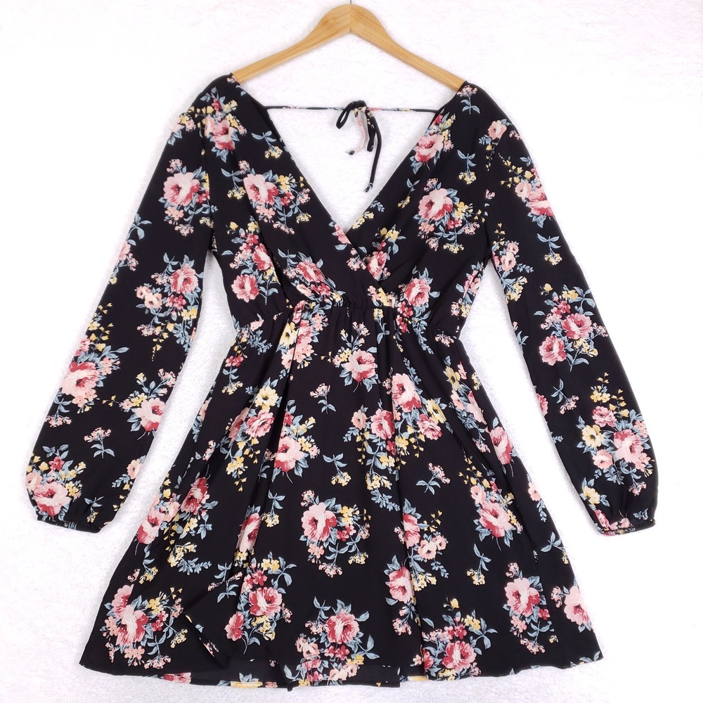 Pink‎ Owl Floral Dress Womens Large Long Sleeve Open Back Mini Cottagecore Black